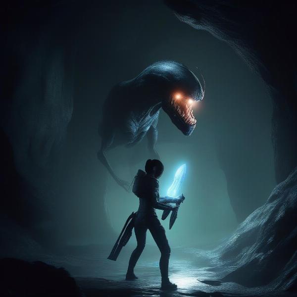 Selene fighting a creature in Returnal's dark and atmospheric world