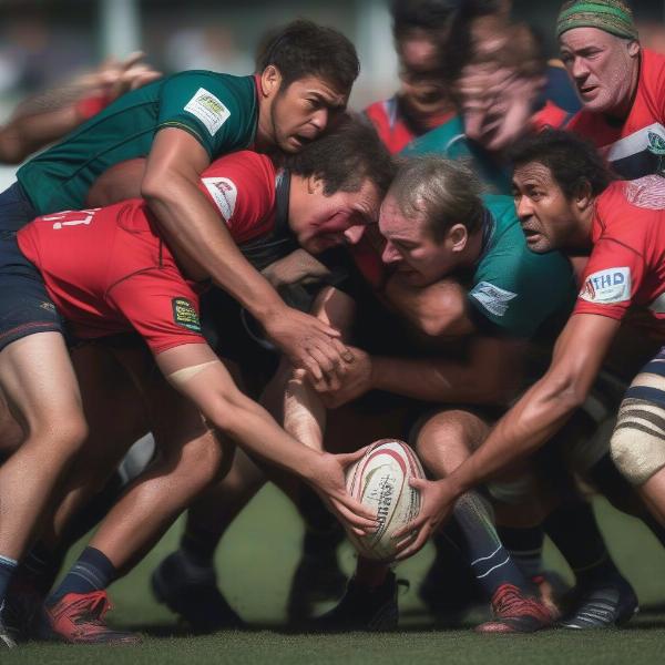 Rugby Sevens Players Competing for the Ball