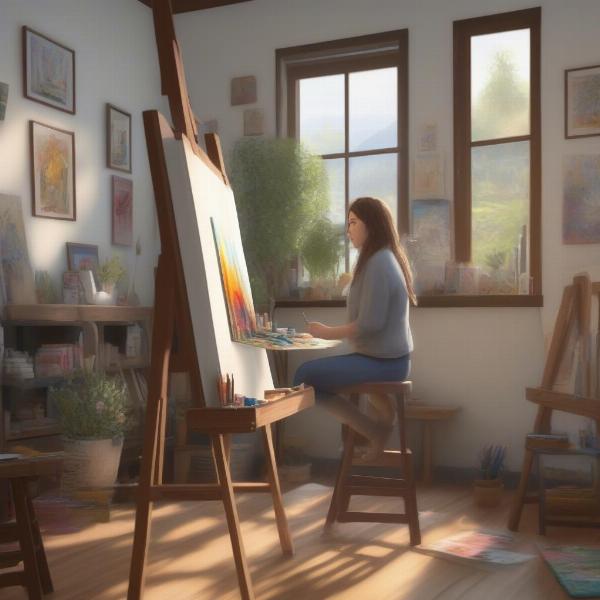 Sim Working on Painting Skill at Home