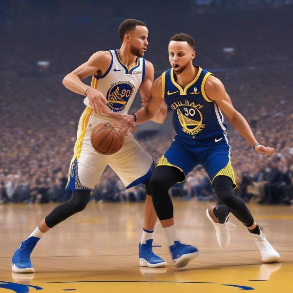 Steph Curry Dribbling Past a Defender