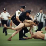 Security tackling a streaker at a football game