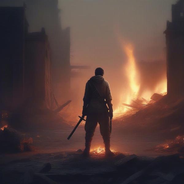 Survivor with Fire Katana in Ruined City