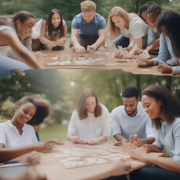 Team members participating in various team building activities, including outdoor games and problem-solving tasks