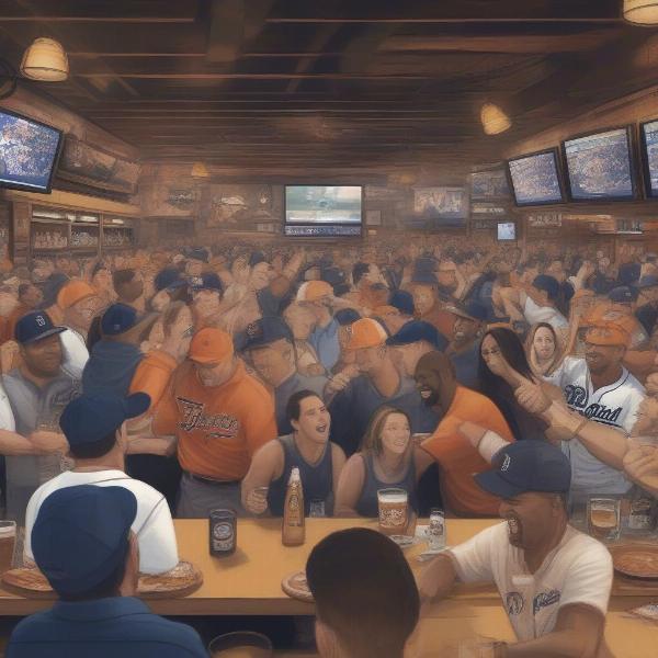 Tigers fans cheering in a crowded sports bar