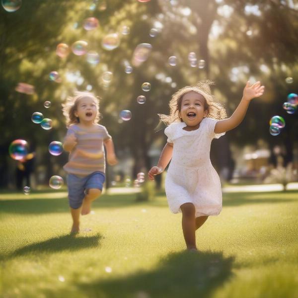 Toddler excitedly chasing bubbles in a sunny park