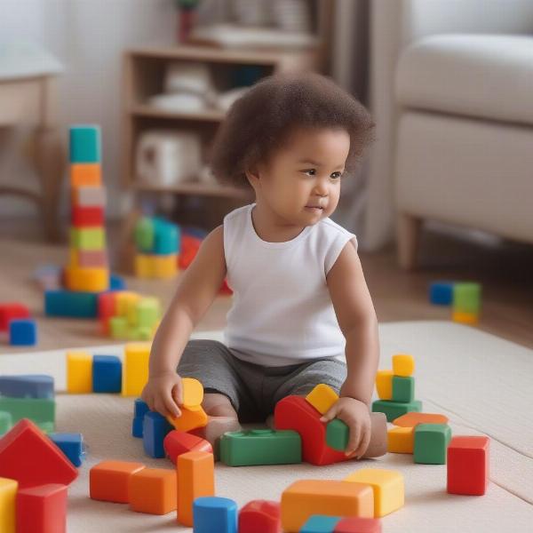 Toddler happily playing with colorful building blocks