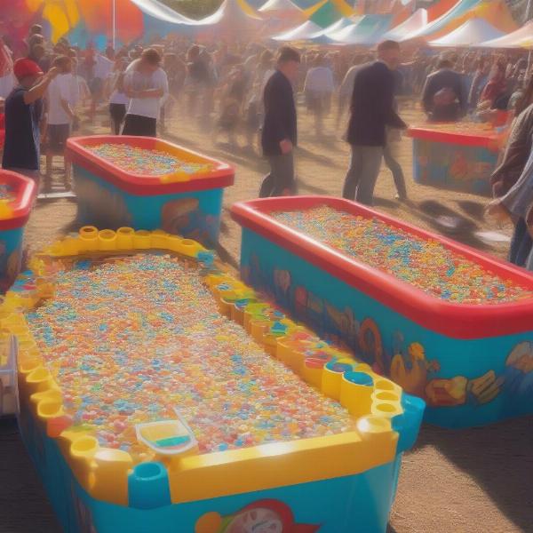 A carnival game with numerous tubs and excited players.