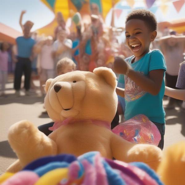 A happy player wins a large stuffed animal.