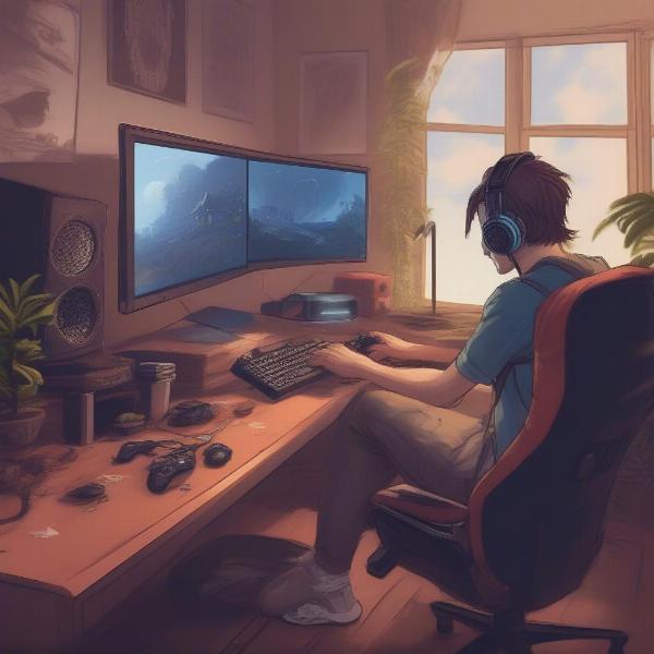 Typical gamer enjoying video games at home
