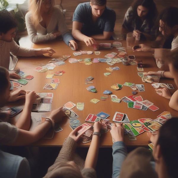 Friends engaged in an intense game of Uno with advanced drinking game rules, incorporating themes and challenges.