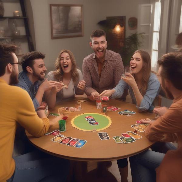 A group of friends laughing and playing Uno with custom drinking game rules, creating a fun and personalized experience.