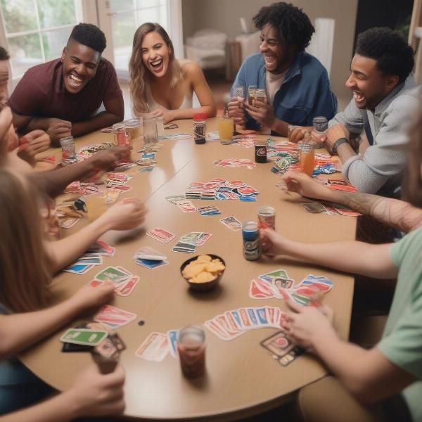 Friends gathering around a table with Uno cards and drinks, ready to start an Uno drinking game