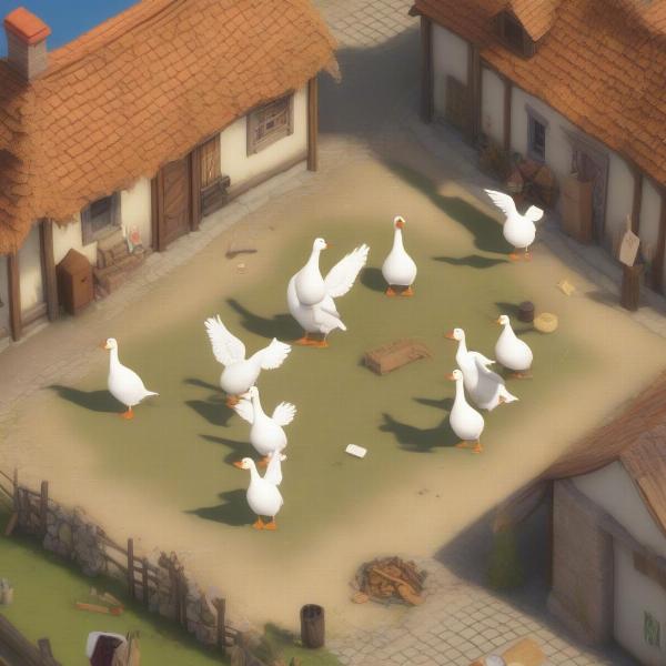 Untitled Goose Game Creating Mayhem in Village Square