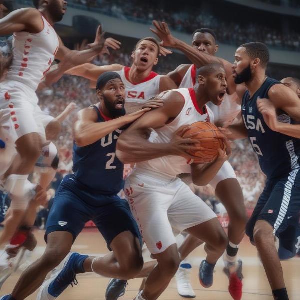 USA and Canada Players Battling for Rebound - Intense Defensive Pressure