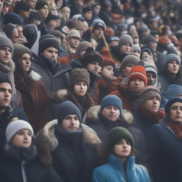 Spectators bundled up in warm clothing at a cold football game