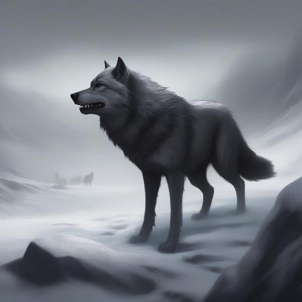 The Winds of Winter book cover art, depicting a direwolf howling at a snowy landscape