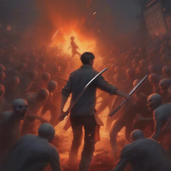 Zombie Horde Facing a Fire Katana Attack